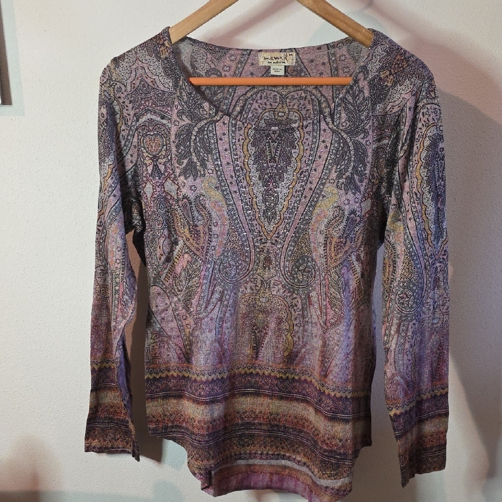 ONE WORLD Multicolor Paisley Long Sleeve Top